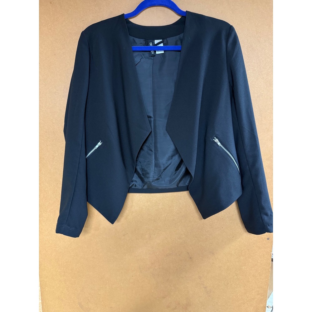H M Divided Black Waterfall Drape Open Front Blazer Jacket Womens Size 8